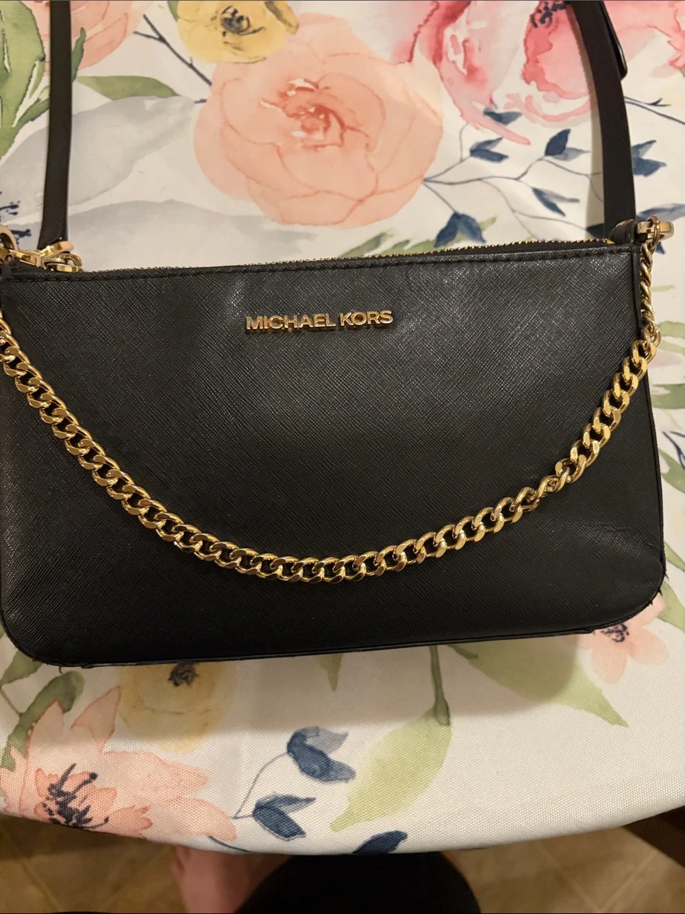 Michael Kors Black Leather Crossbody with Gold Chain Accent